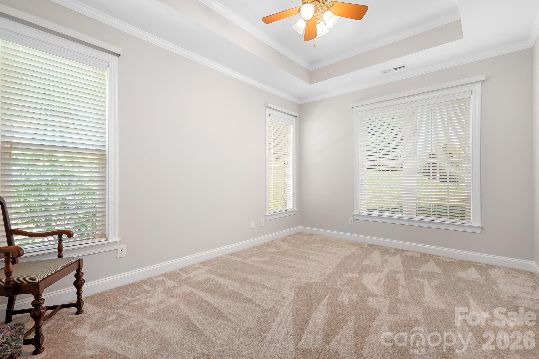 Primary bedroom with treyed ceiling - 215 Knops Nob Road, Mooresville