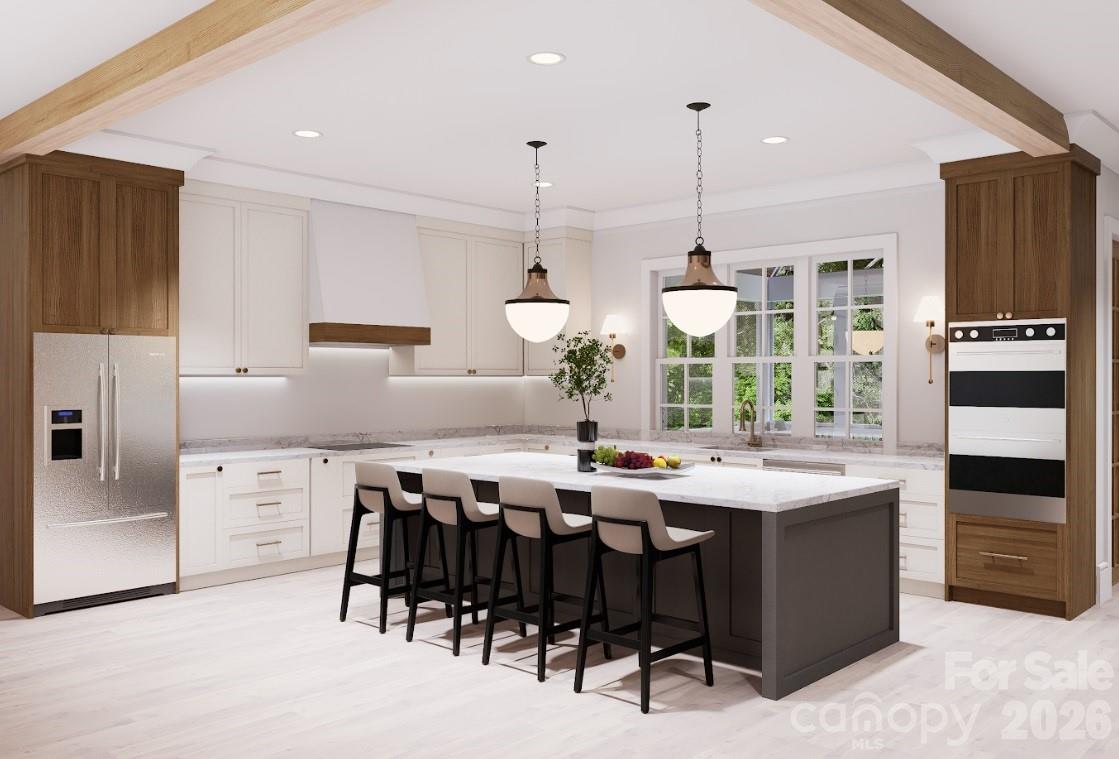Please note: The builder has revised the kitchen layout. The refrigerator will be located in the space shown for the ovens in the rendering, and the double ovens will be relocated to the space shown for the refrigerator. - 104 Sherwood Drive, Huntersville