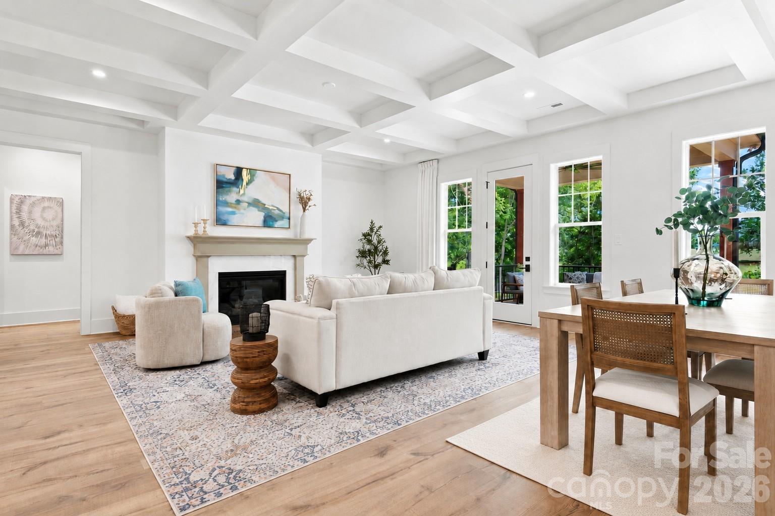 Living Room/Dining Room w/ Coffered Ceiling - 121 Juniper Road, Mooresville