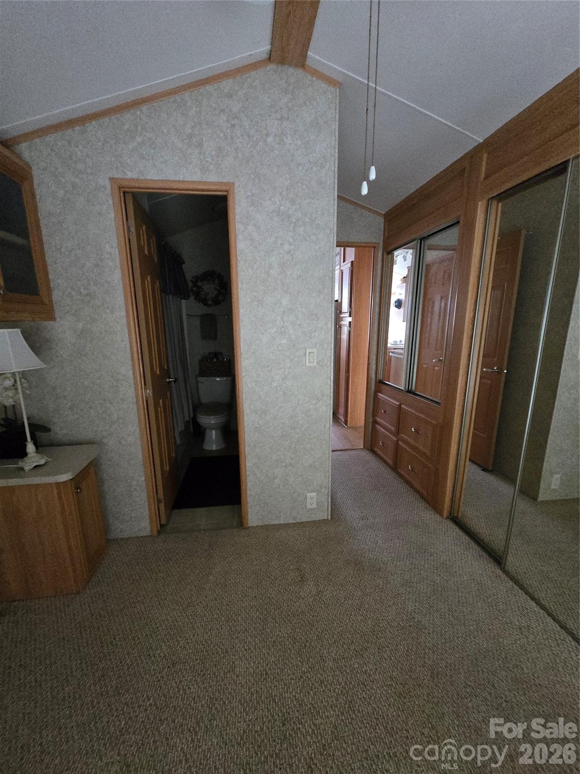 View into bath area from primary bedroom. Showing mirror closet doors in primary bedroom - 110 Twin Bluff Trail, Mount Gilead