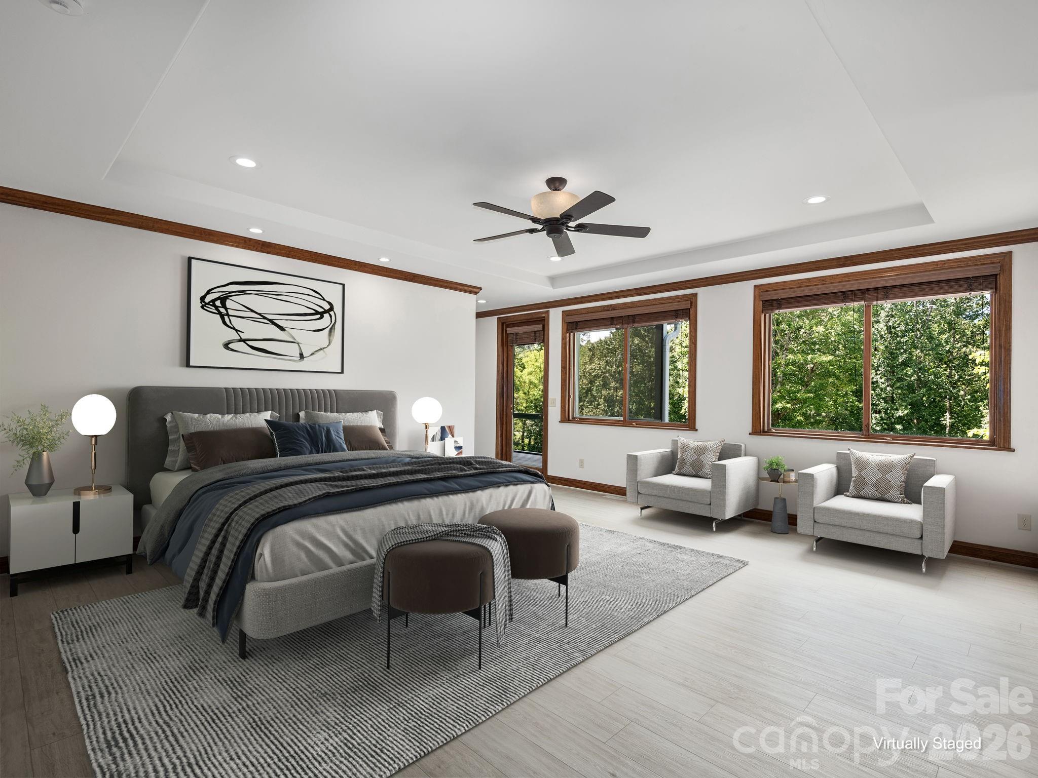 Primary Bedroom on Main Level. Access to Screen Porch. Virtually staged. - 248 Wisdom Cove Road, Flat Rock