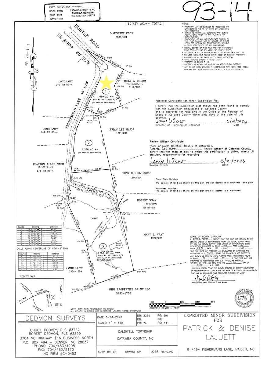 Recorded subdivision plat showing Lot 1 containing approximately 1.689 acres. - 01 Fishermans Lane, Maiden