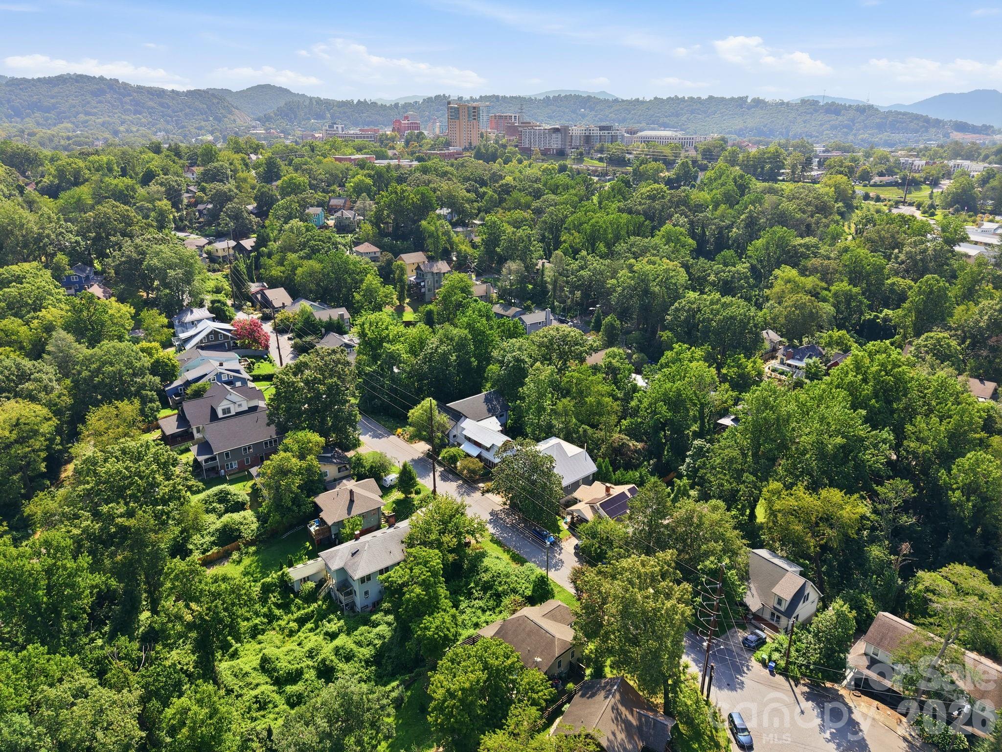 Aerial view highlighting the property's proximity to downtown Asheville. - 146 Courtland Avenue, Asheville