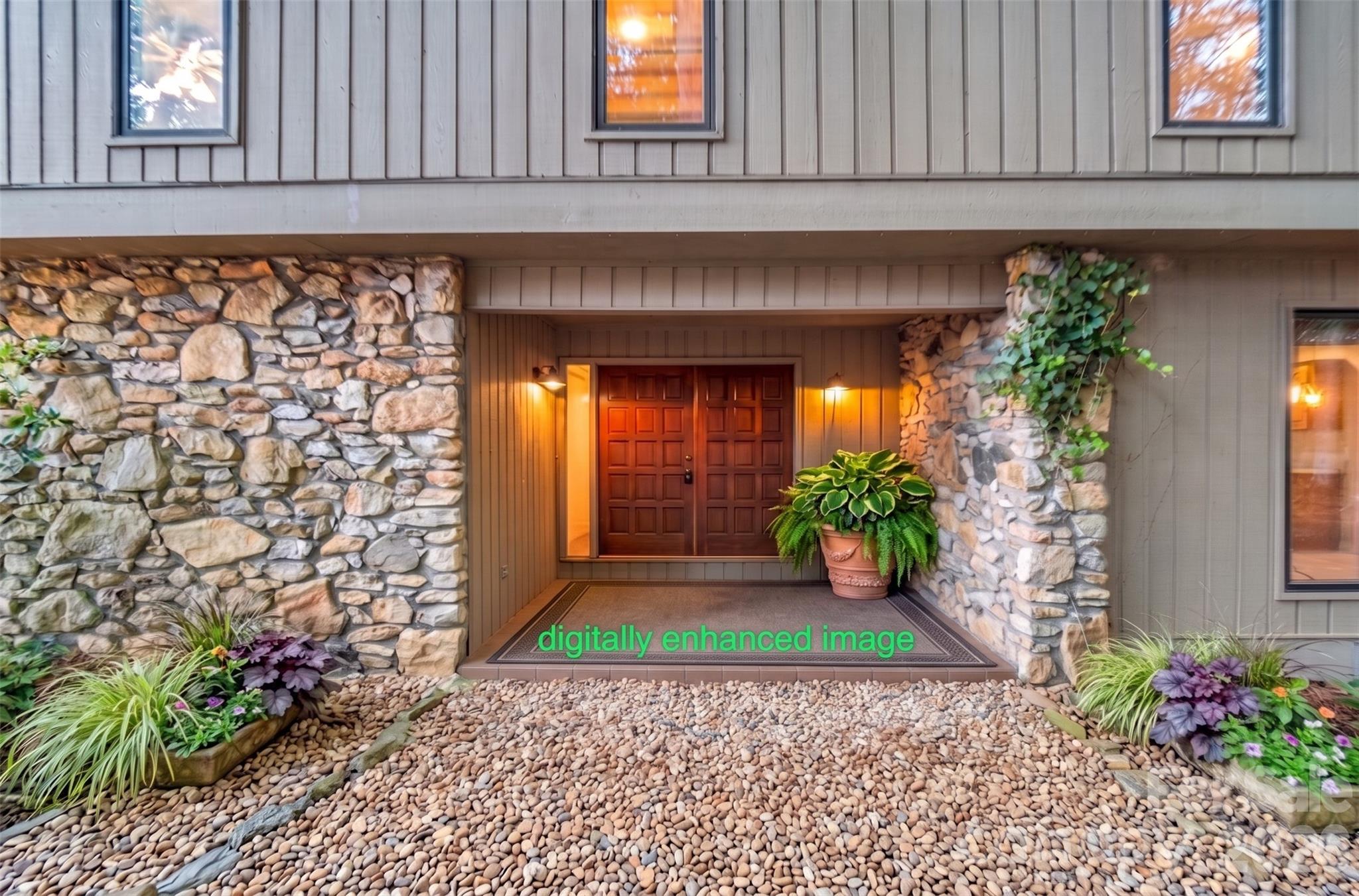 Front Entrance - planters, rug & river stone walkway are digitally enhanced - 10 Chestnut Ridge Road, Mills River