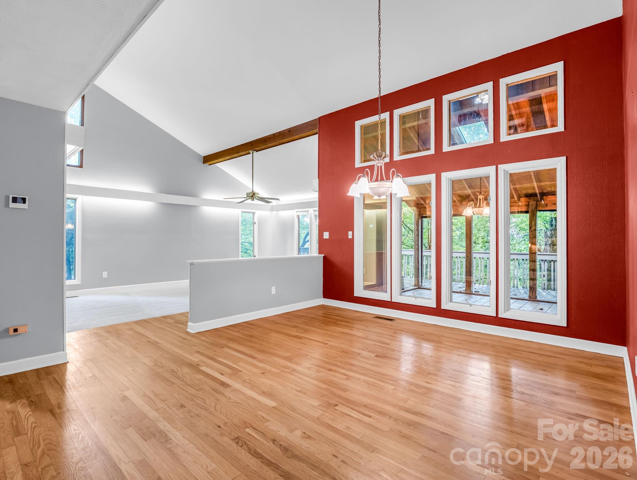 View from Kitchen, toward Dining Room & Living Room w/ vaulted ceiling - 10 Chestnut Ridge Road, Mills River