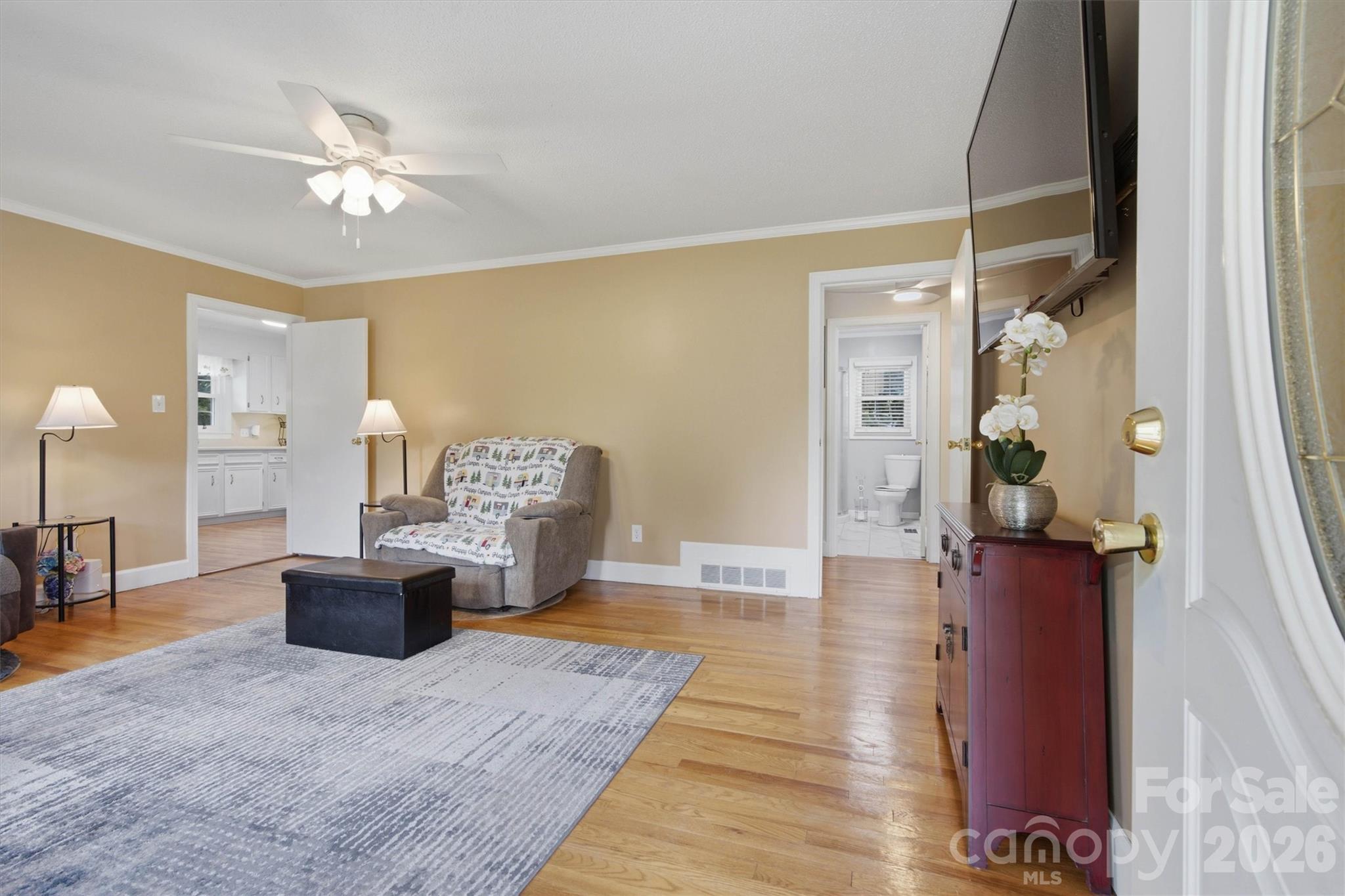 Original hardwood flooring in the living room. - 148 Era Street, Troutman
