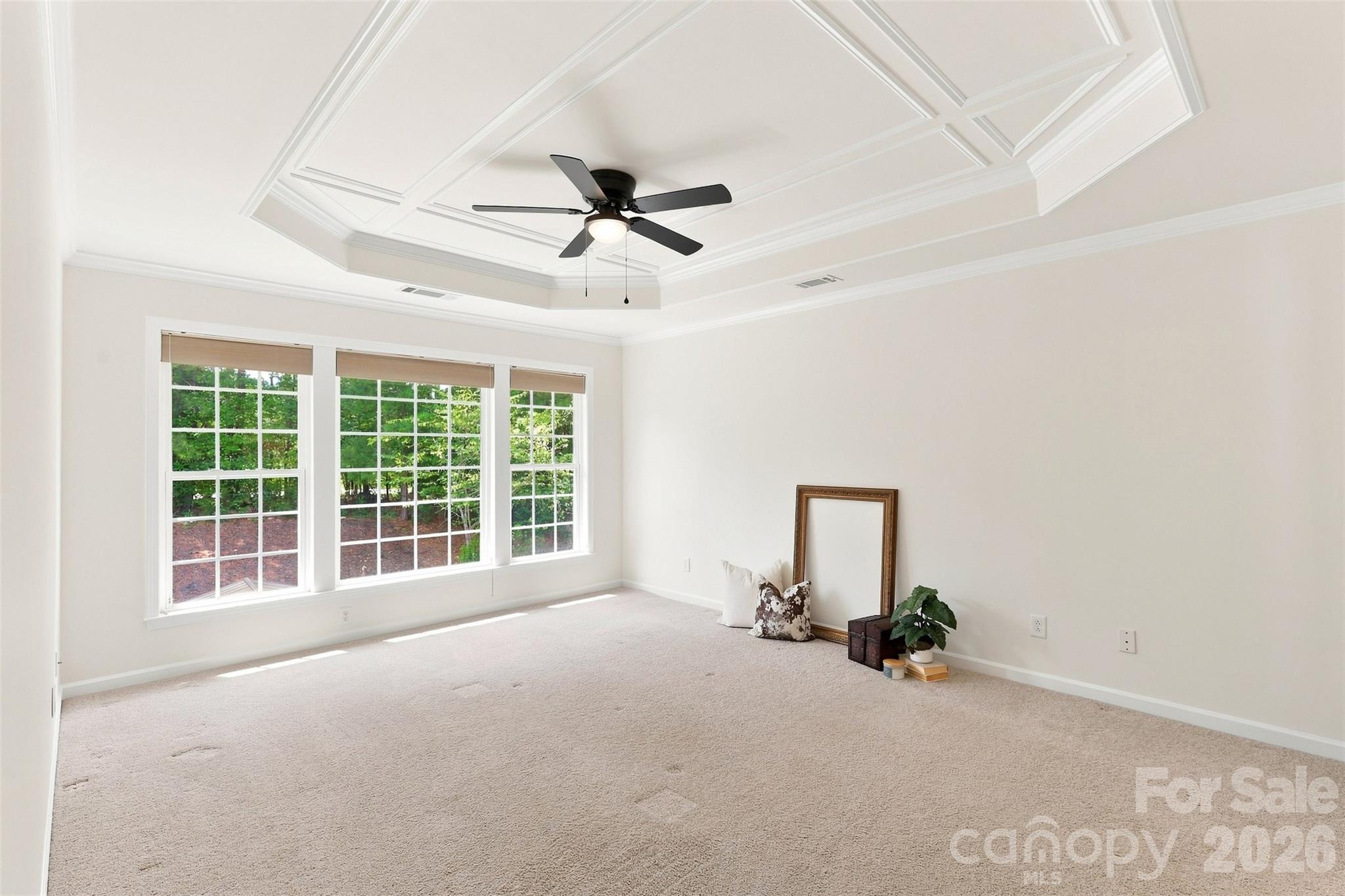 Spacious primary suite creates a peaceful retreat with a tray ceiling, decorative molding, plush carpeting, and a trio of windows overlooking the tree-lined backyard - 10345 Scotland Avenue, Indian Land