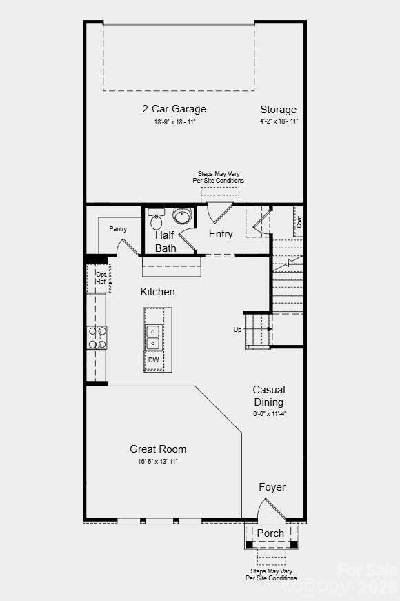 First Floor Plan - Additional Highlights Include: quick treads on stairs, laminate flooring in the great room, and roll out trash can cabinet in the kitchen - 529 Silver Star Boulevard, Indian Trail