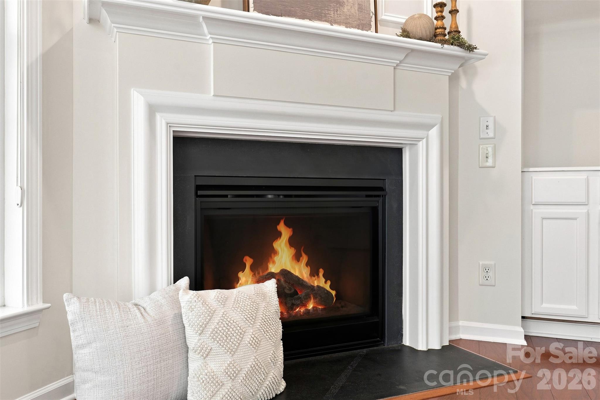 Inviting gas-log fireplace features a classic surround, detailed molding that create a beautiful focal point in the living room - 10345 Scotland Avenue, Indian Land