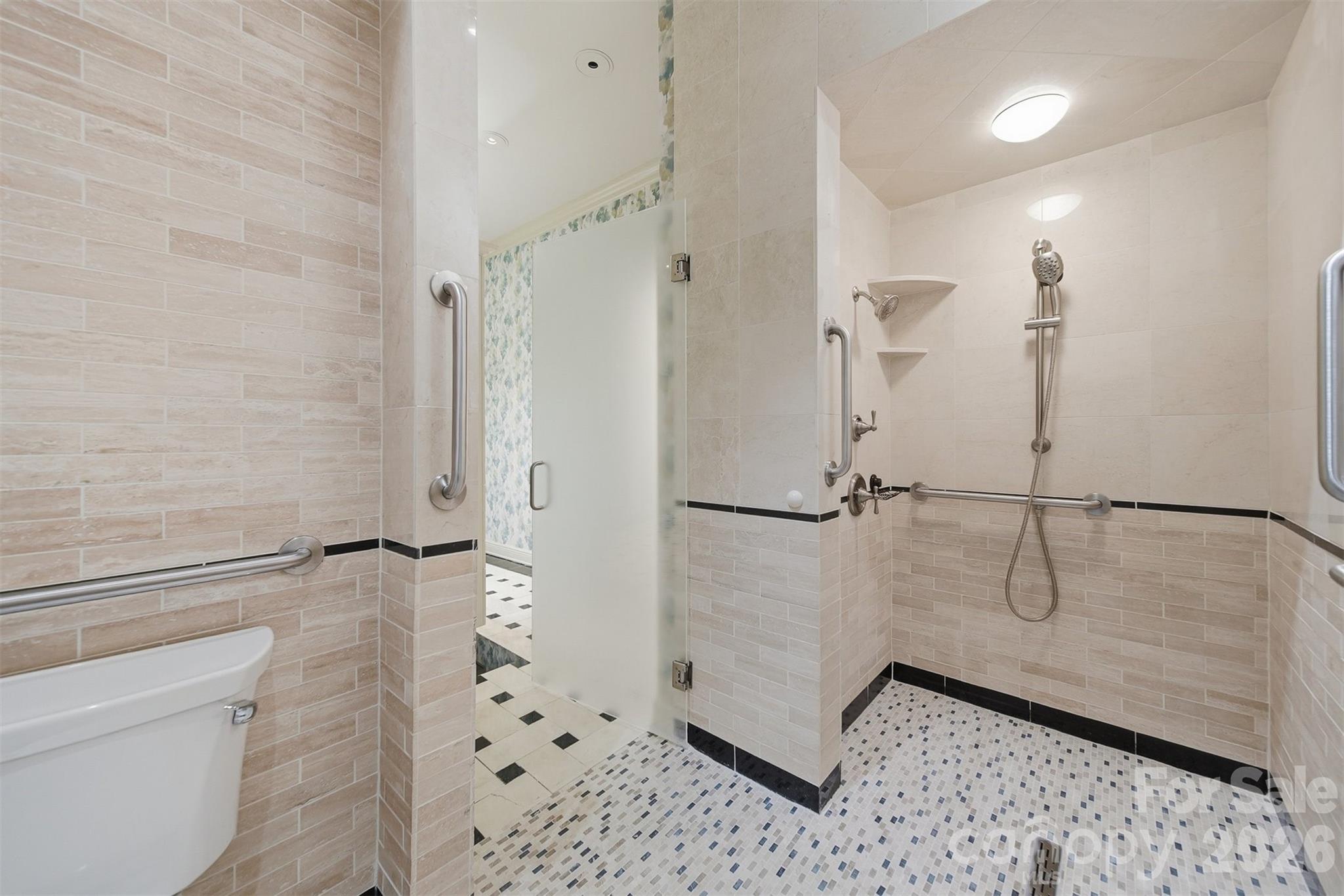 Oversized walk-in tile shower with glass enclosure and designer finishes - 3619 Links Drive NE, Conover