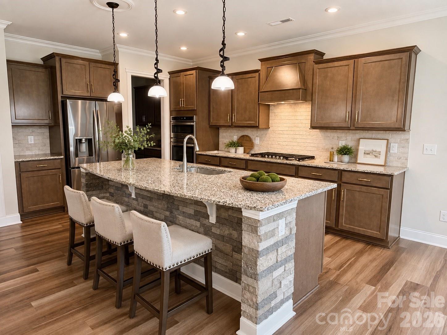 Gourmet Kitchen with large entertaining island, built in gas cooktop, upgraded vent hood, tile backsplash, granite countertops, built in oven and microwave oven. Butlers Pantry. (virutally staged image) - 1318 Poppy Way, Matthews