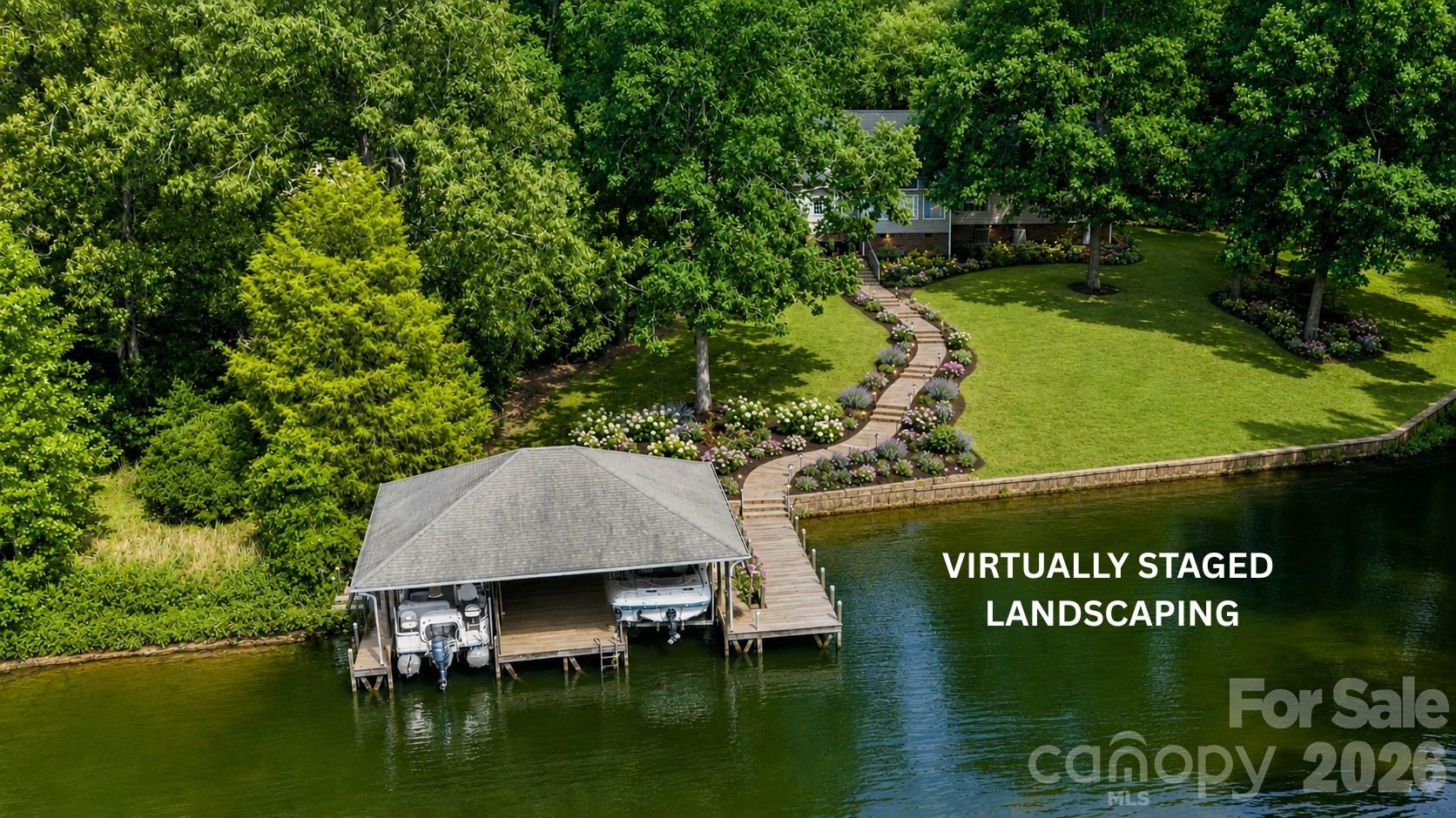 Virtually Staged Landscaping to boathouse. - 130 Canoe Court, Mount Gilead