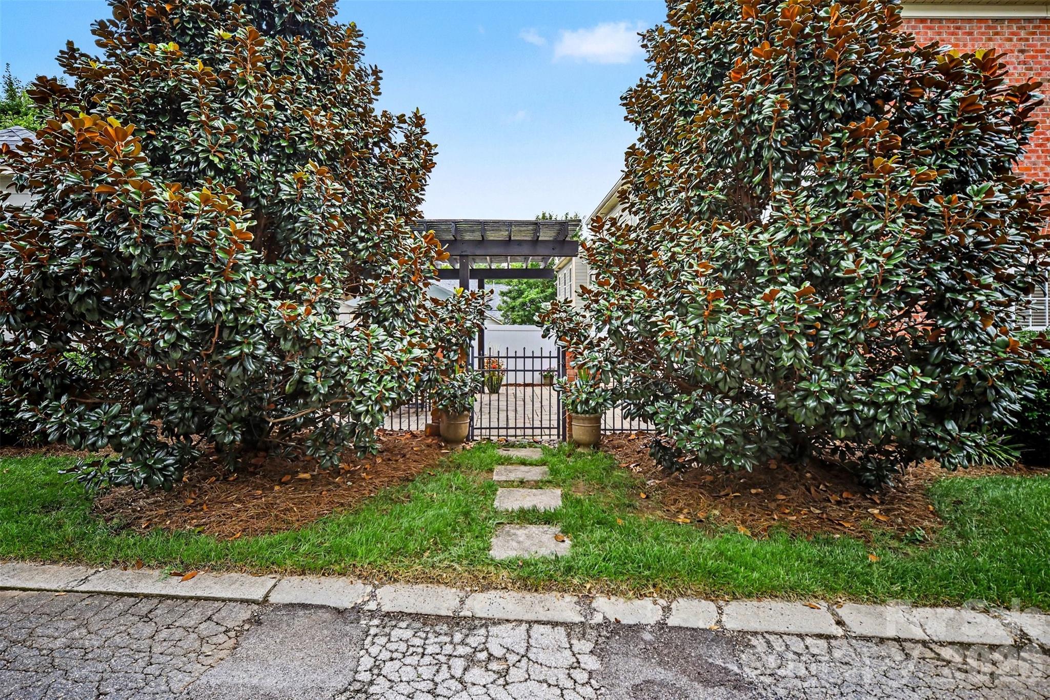 Extremely private courtyard. This is the entry from the side alley. These large Magnolia trees make the courtyard feel more like having a yard but with NO maintenance! - 438 Magnolia Street, Davidson