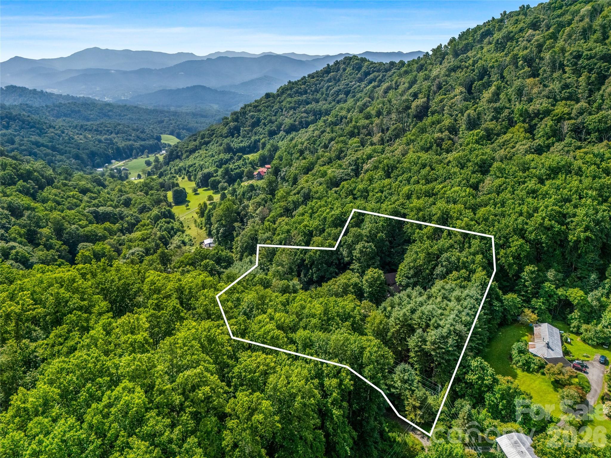 Aerial view of the property surrounded by lush forest and the beautiful Blue Ridge Mountains. - 81 Summer Trees Lane, Burnsville
