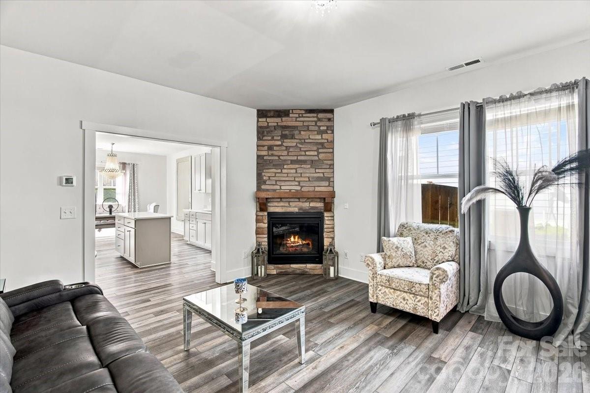 Living room with stone stacked gas log fireplace - 15 Hyde Park Place, Arden