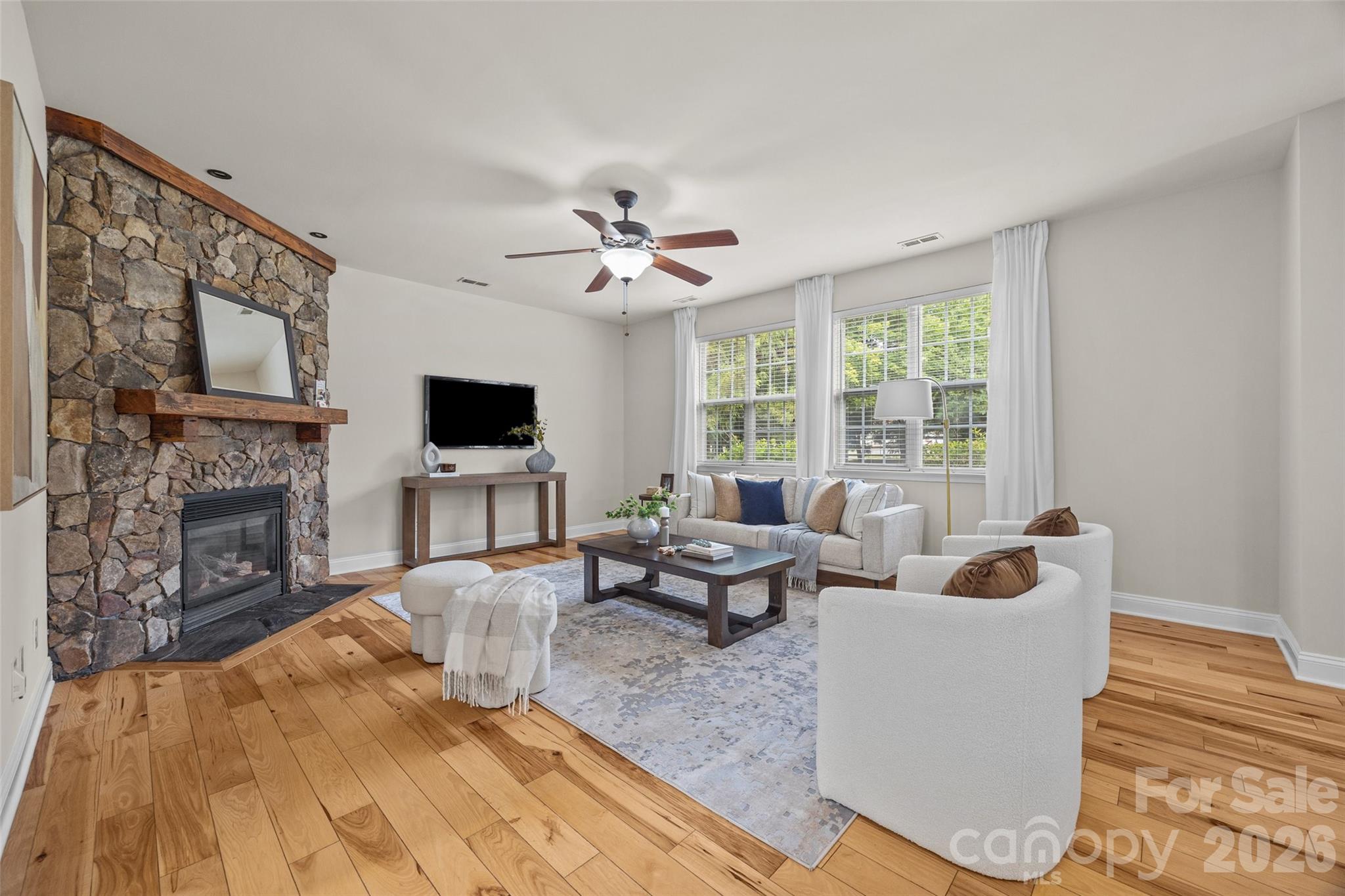 Great Room w/ real stone fireplace & reclaimed wood mantle! - 9118 Spratt Lane, Waxhaw