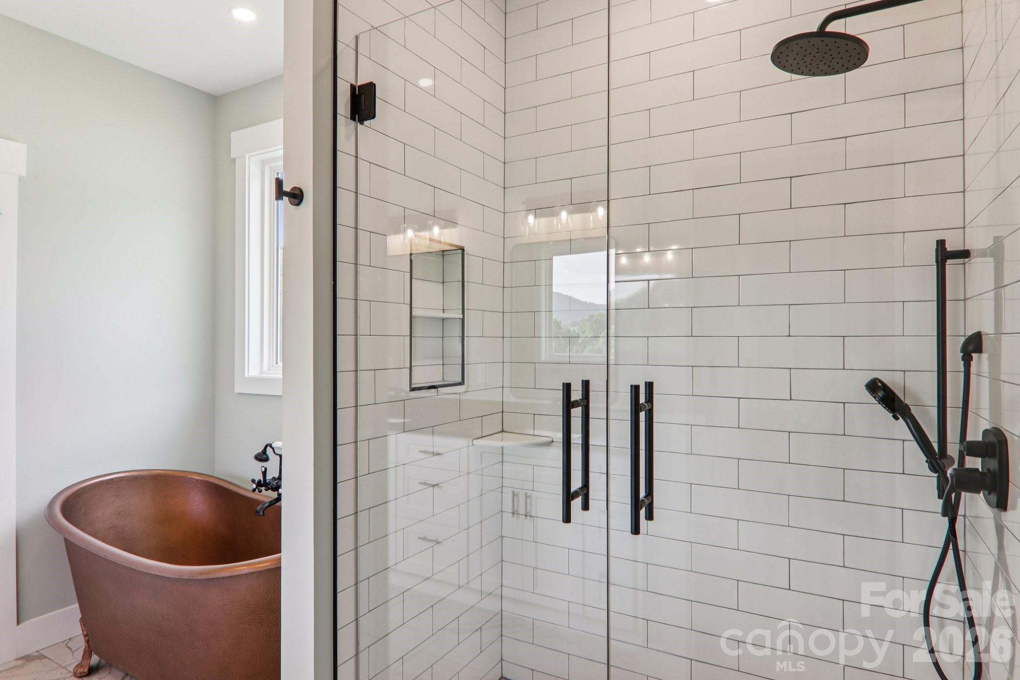 Primary bath walk-in shower. - 1060 California Creek Road, Mars Hill