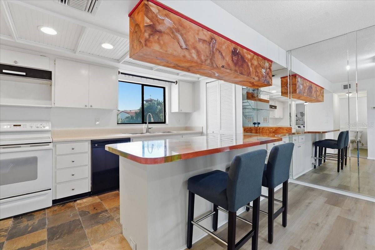 Artistic Breakfast Bar features a stunning, custom-poured multi-color epoxy countertop & soffit that doubles as a vibrant focal point and a casual dining hub - 240 WINDWARD PSGE #702, CLEARWATER