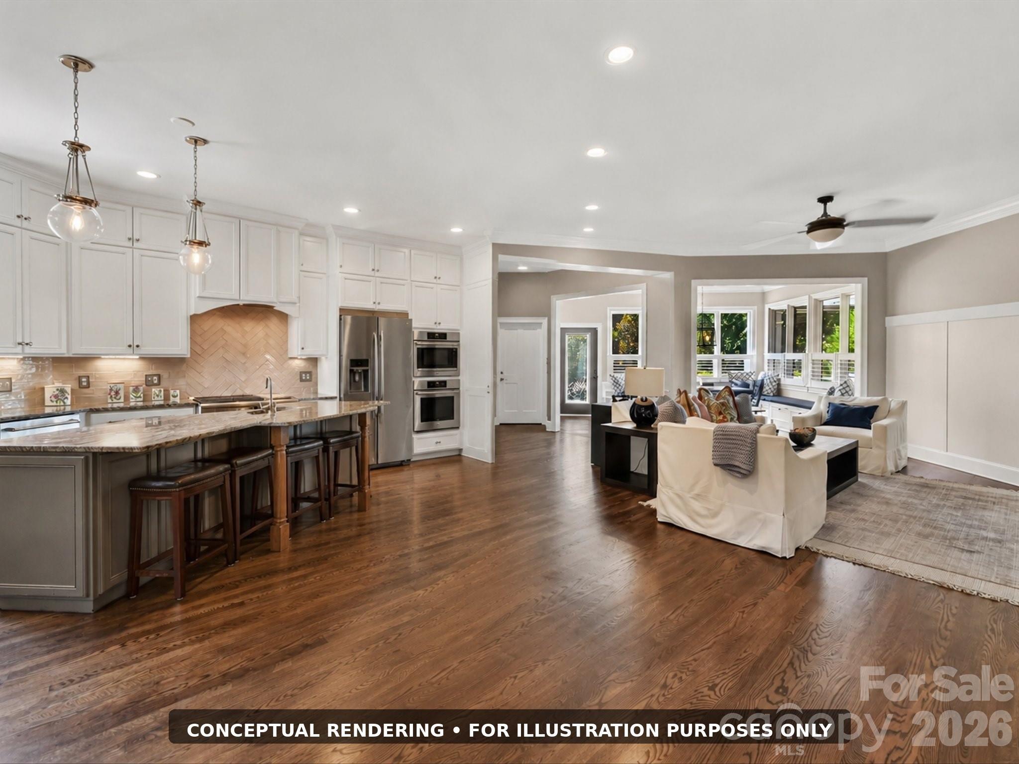 Conceptual rendering shown for visualization purposes only, illustrating a potential open-concept kitchen layout. Current floor plan includes a pantry wall. Any modification is subject to buyer verification and applicable permits and approvals. - 17626 Spinnakers Reach Drive, Cornelius