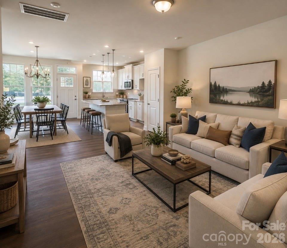 Virtually Staged Living Room/Kitchen/Dining Combo - 1075 South Point Road, Belmont