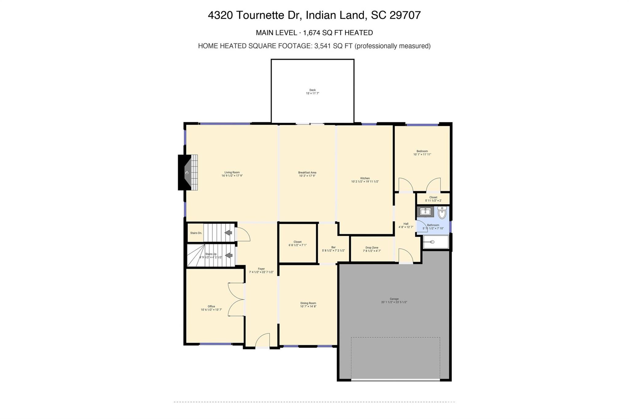 Main level floor plan, 1,674 heated sq ft (professionally measured) - 4320 Tournette Drive, Indian Land