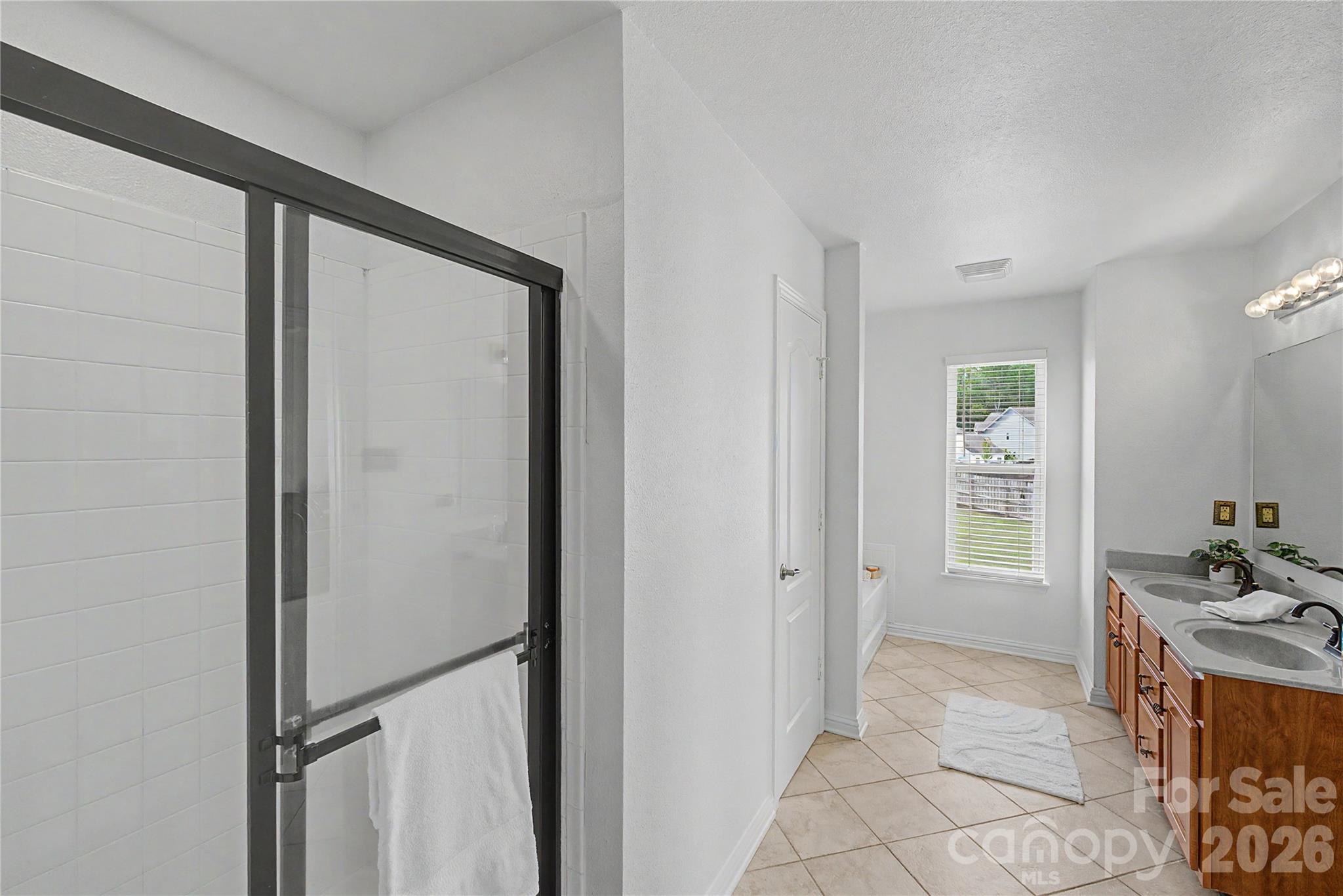 Primary bathroom with dual sinks, garden tub and walk-in shower - 329 Farm Springs Drive, Mount Holly