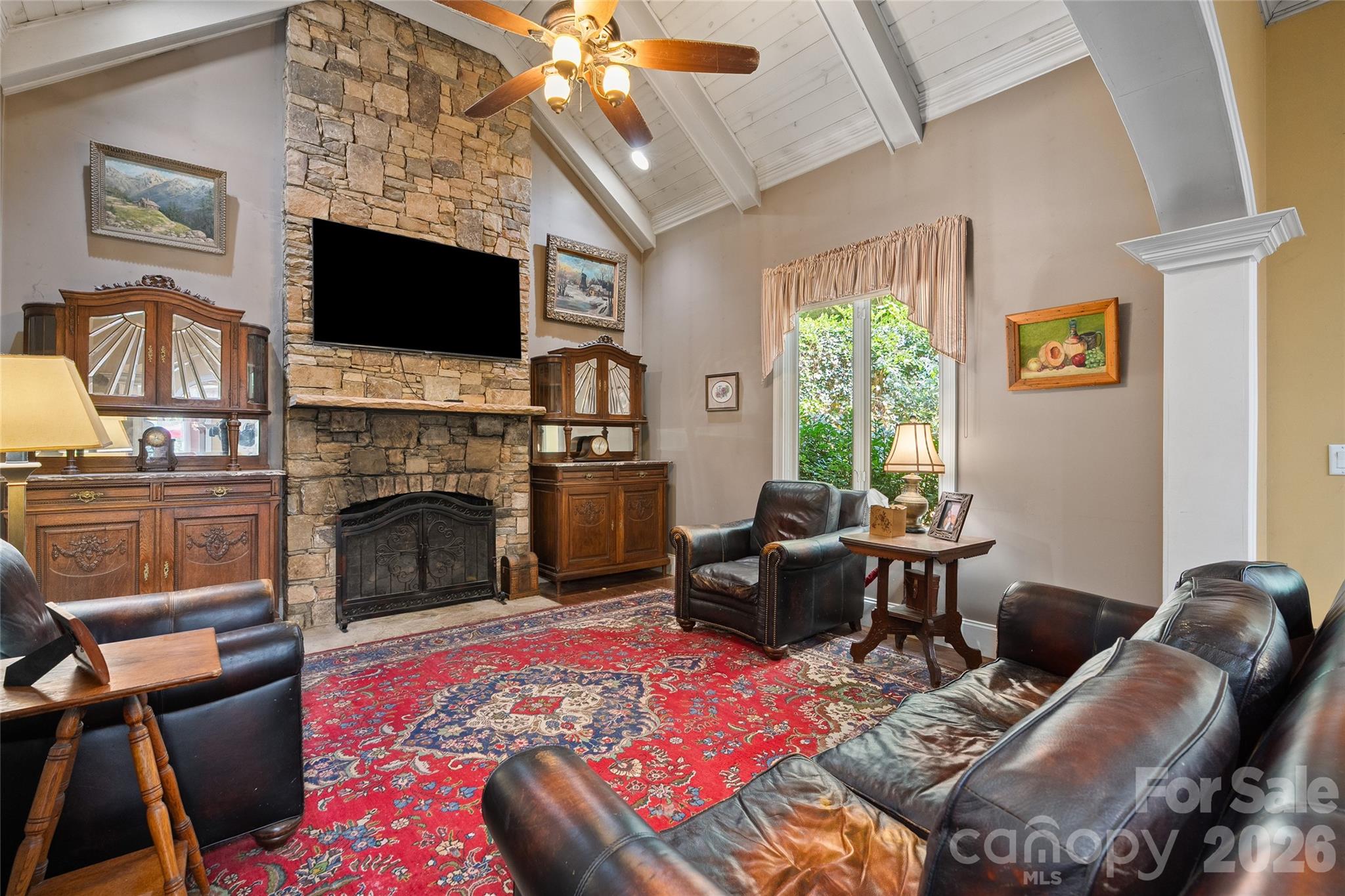 Great Room/Sitting Room with Stone Fireplace - 598 Old Toll Road, Asheville