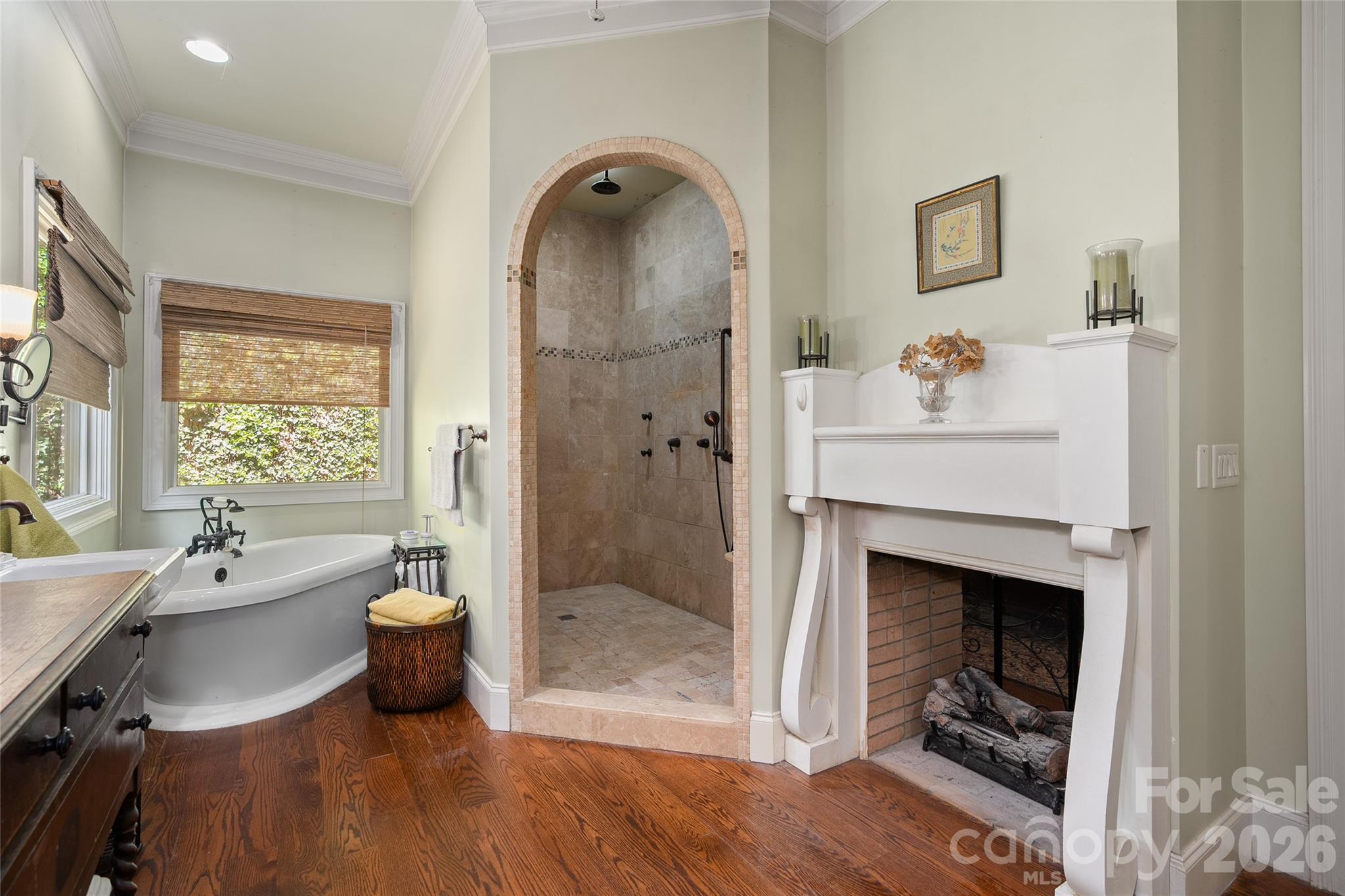 Primary Bath with See-Through Fireplace - 598 Old Toll Road, Asheville