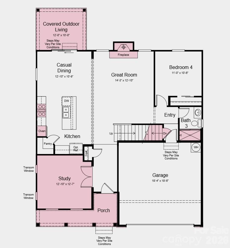 First Floor Plan - Additional Highlights Include: additional windows added to study and primary bedroom, fireplace in great room, and shower in bathroom 2 and bathroom 3 - 207 Holsworthy Drive, Mooresville