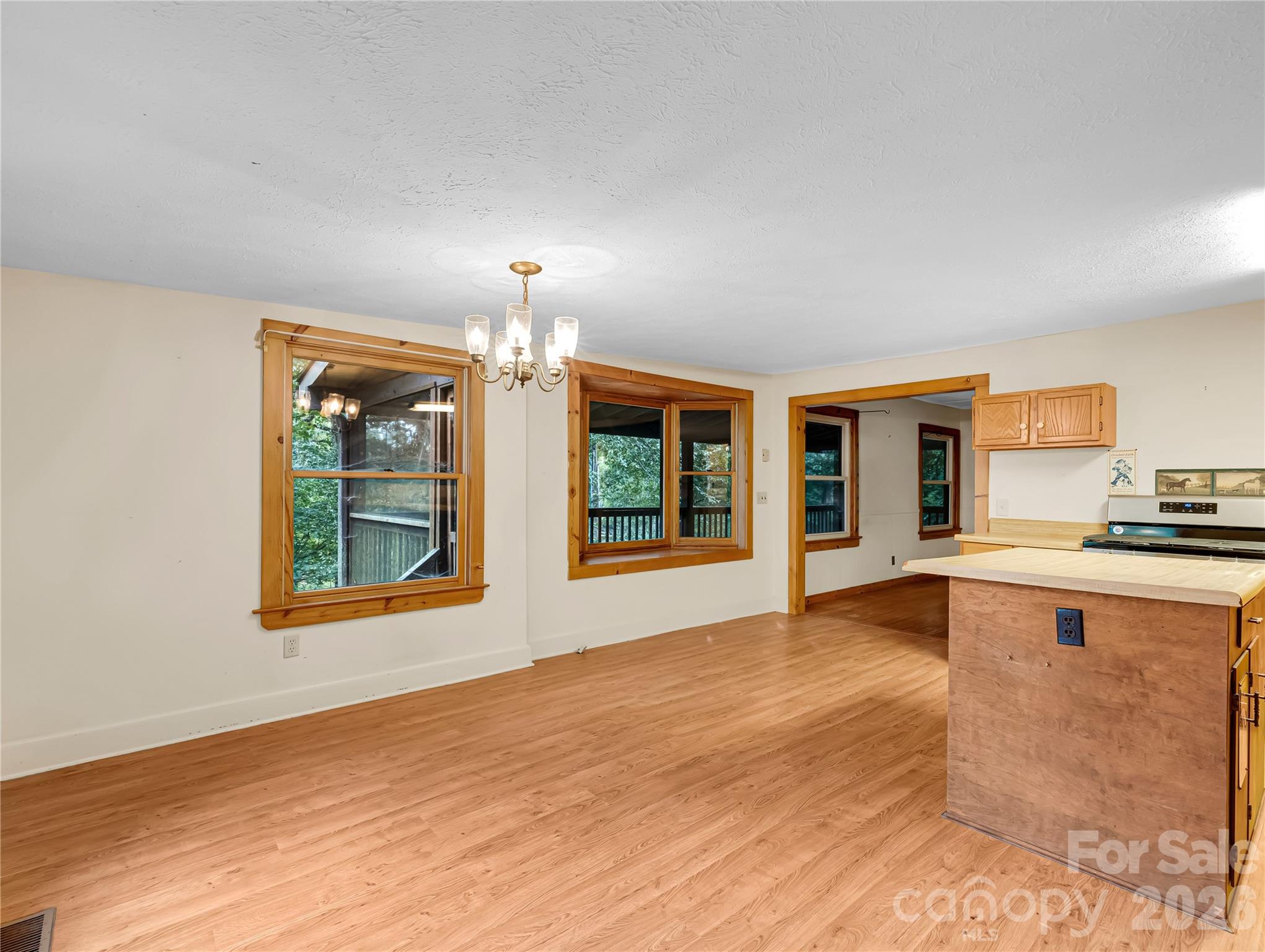 Another view of the kitchen and dining area, this floor is older laminate, not wood. - 989 Fox Mountain Road, Columbus