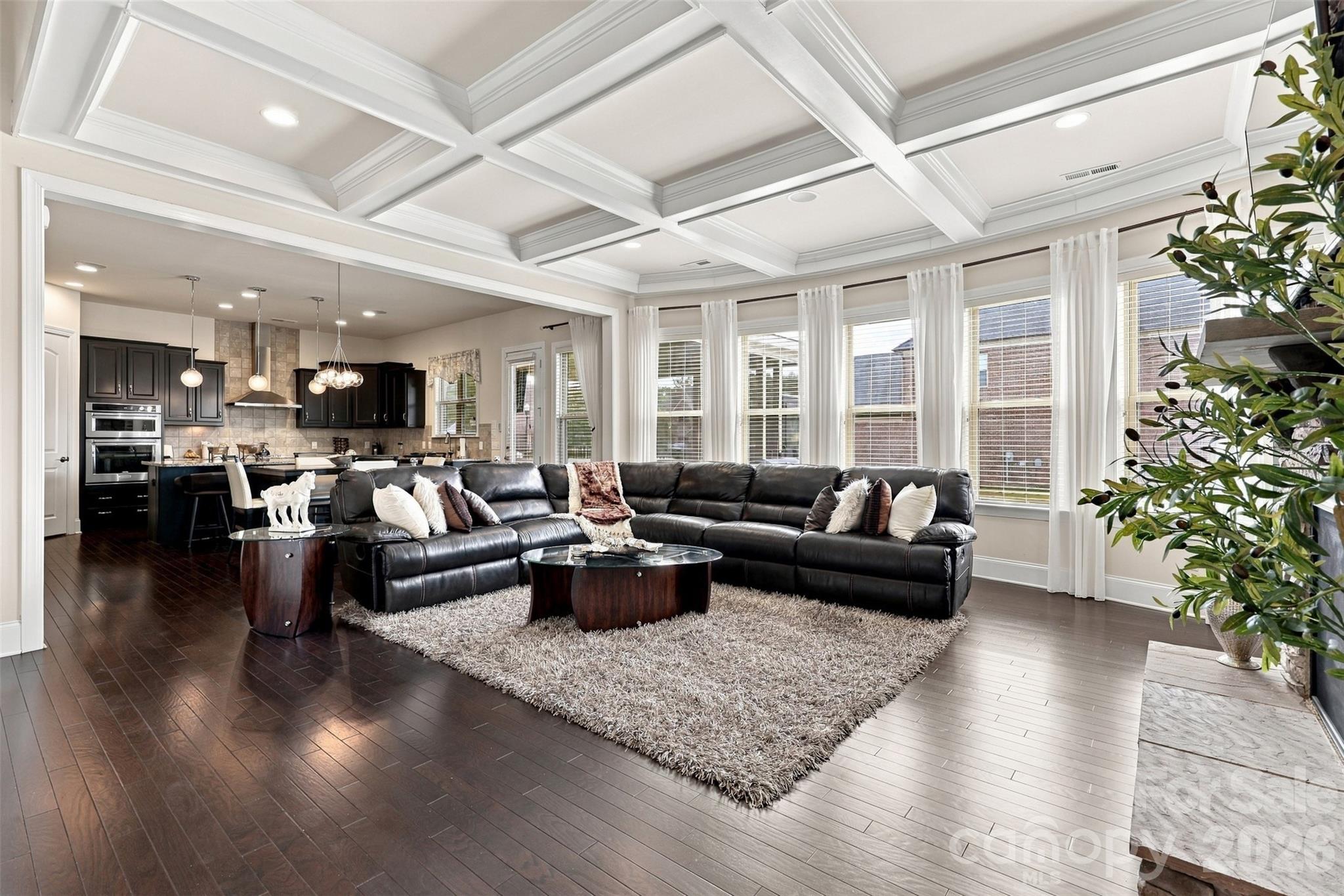 living room, coffered ceiling, stone fireplace, sonos surround sound - 131 Reserve Lane, Indian Land