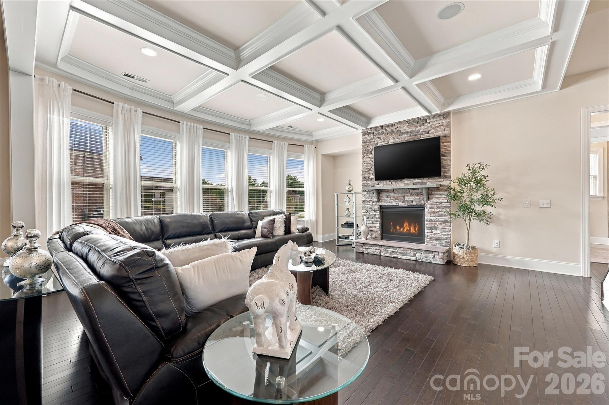 living room, coffered ceiling, stone fireplace, sonos surround sound - 131 Reserve Lane, Indian Land