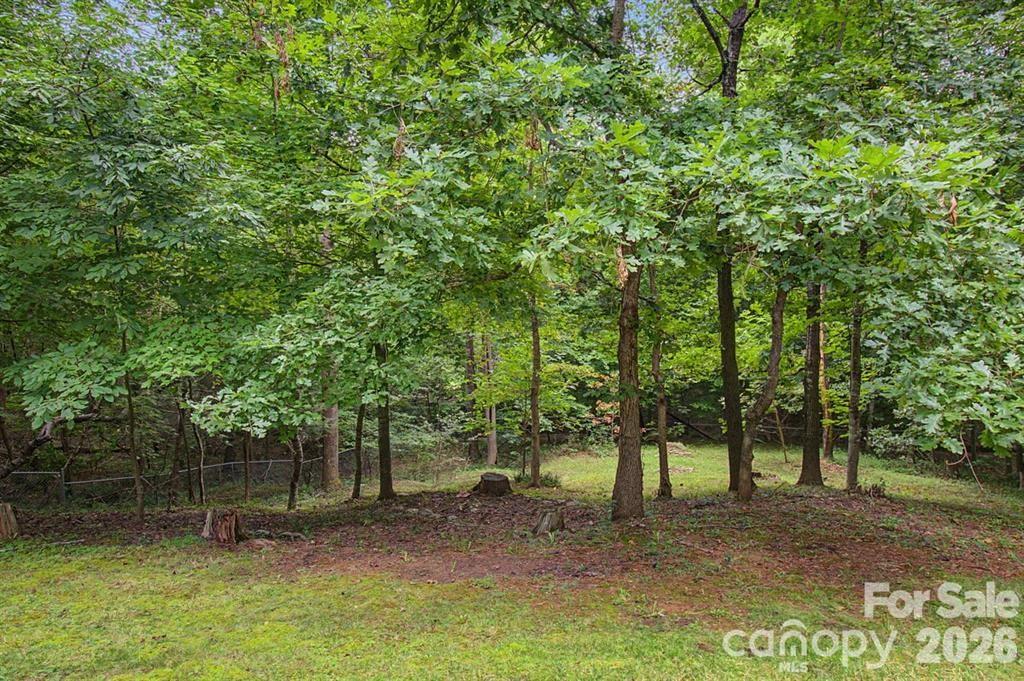 Fully fenced in sloping/level back yard with mature trees for privacy. - 30 Whippoorwill Drive, Weaverville