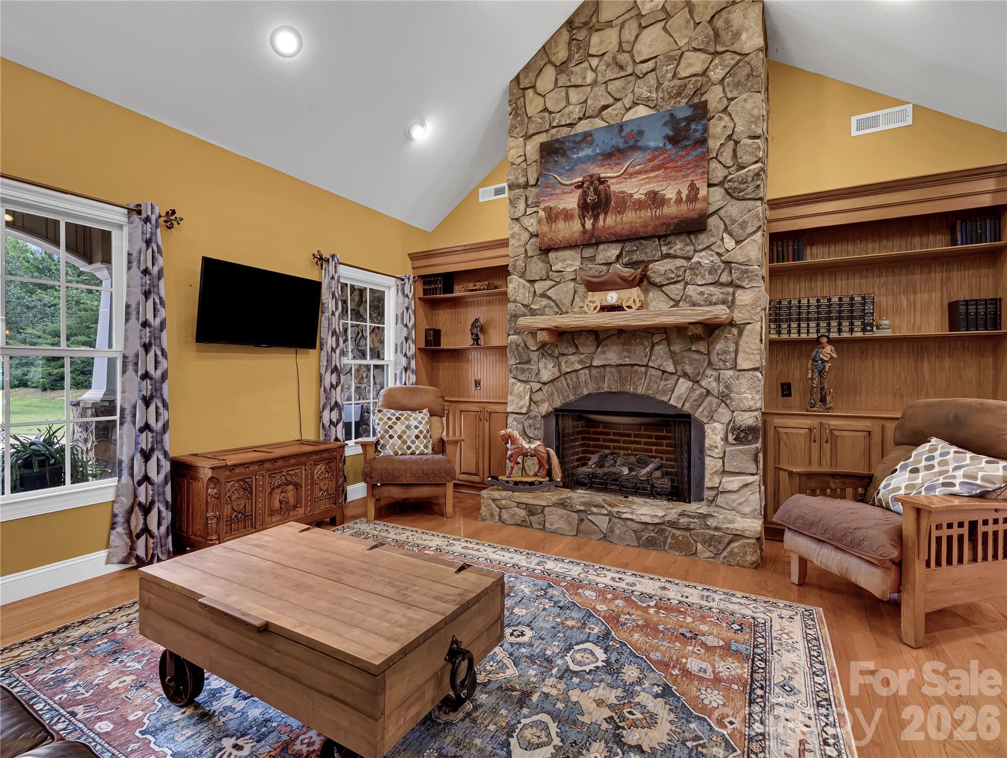 Living room with gorgeous stone fireplace and built-ins. - 27 & 56 Troy Lane, Tryon