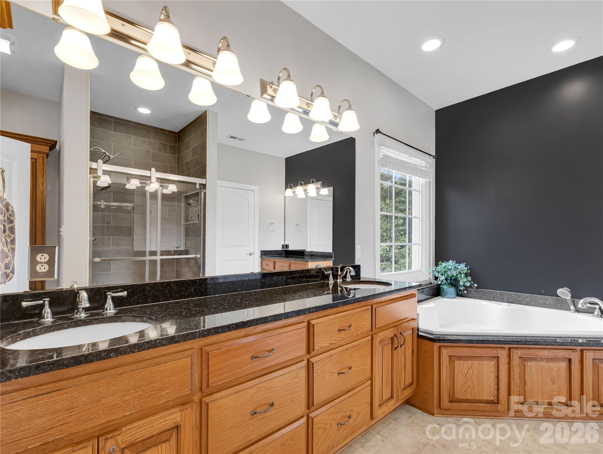 Primary bath with tons of counter space, second vanity, tiled shower and soaking tub. - 27 & 56 Troy Lane, Tryon