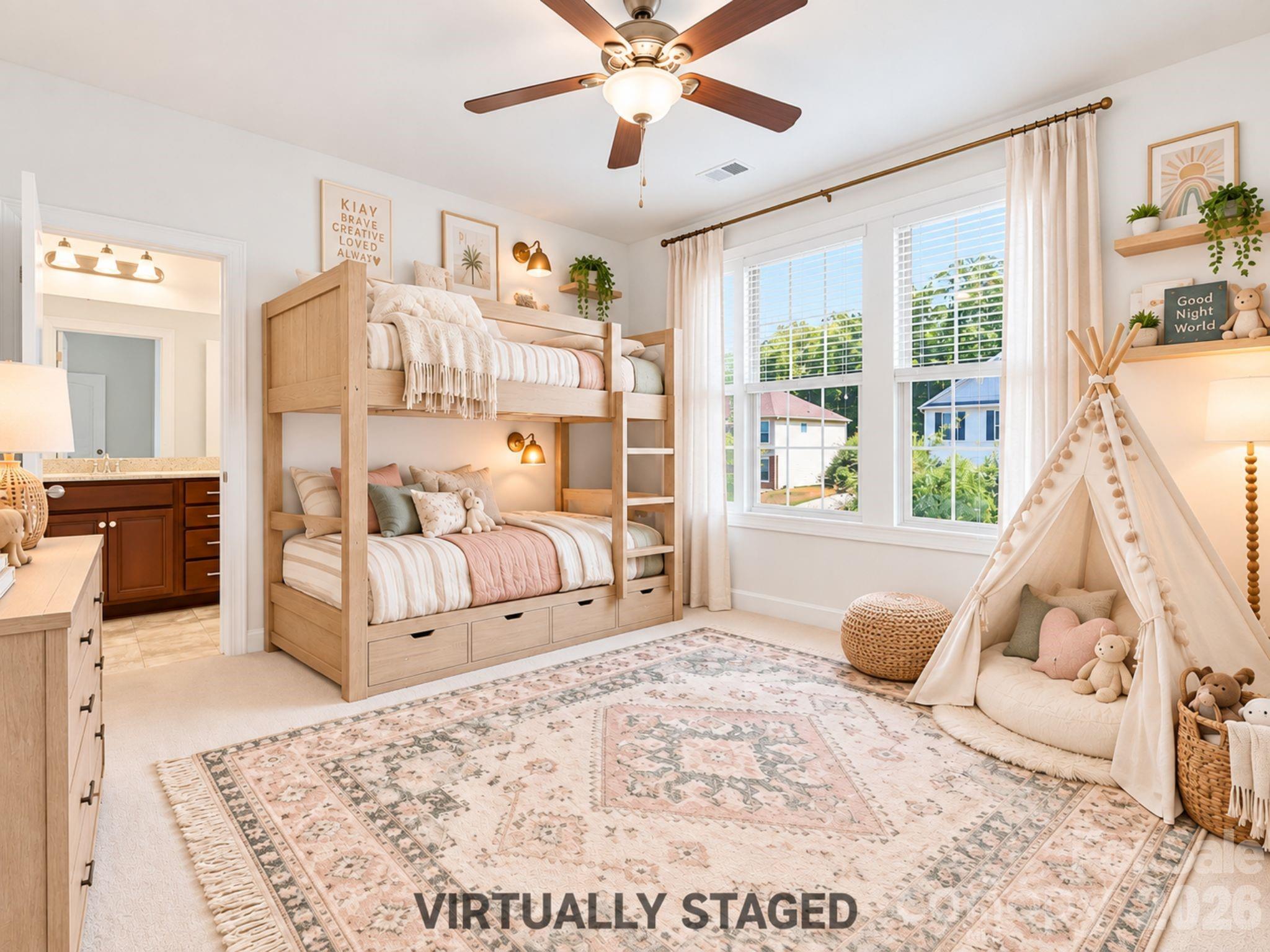 Virtually staged, this bright second-level bedroom shows how easily the space can accommodate sleeping, relaxing, and imaginative uses, with three sunny windows and its own dedicated full en suite bathroom. - 8315 Breton Way, Harrisburg