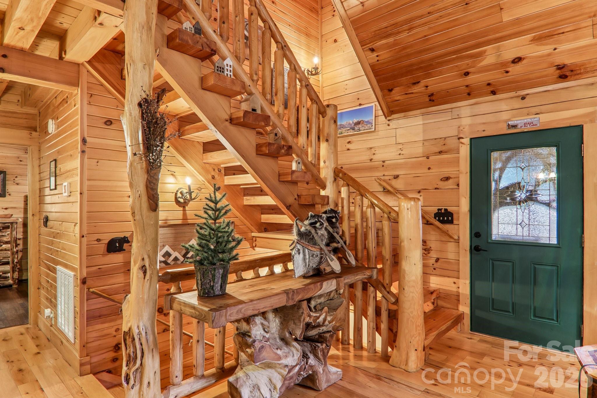 Stairs with log rails - 230 Forest Drive, Maggie Valley