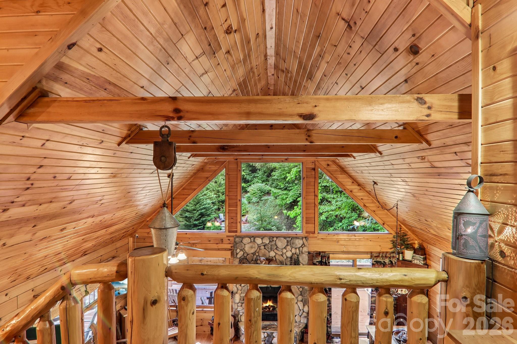 DETAILS: T&G wood ceiling construction and stair railings - 230 Forest Drive, Maggie Valley
