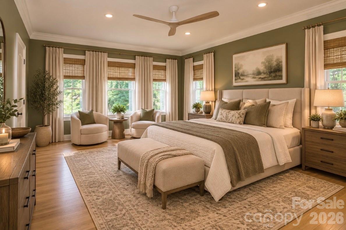 Virtually staged primary bedroom. - 140 Holt Lane, Mooresville