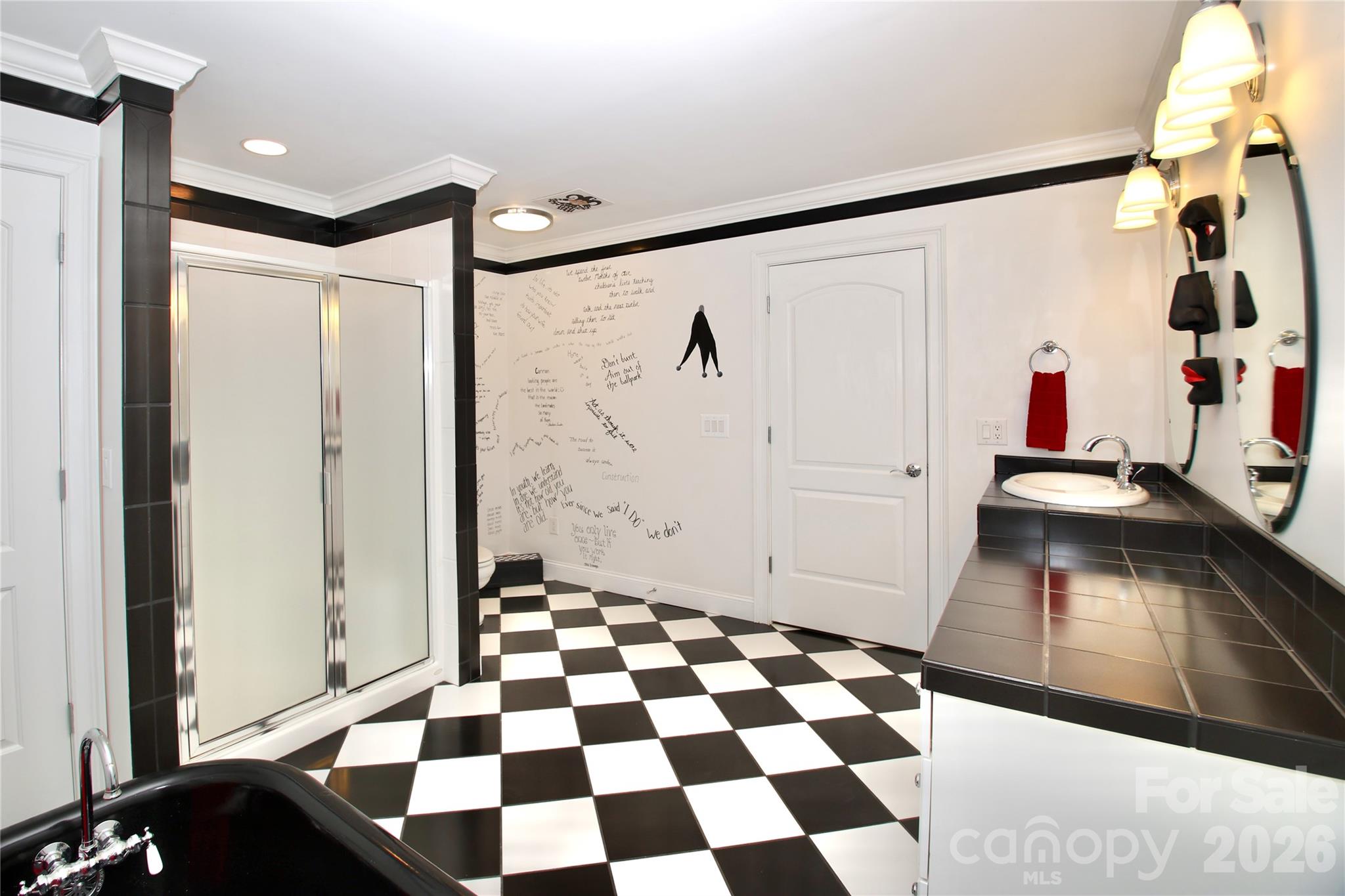This basement bathroom is so unique you won't want to miss it! Lots of room to get ready and you'll be entertained by the custom-painted mural and "wall of quotes". - 140 Holt Lane, Mooresville