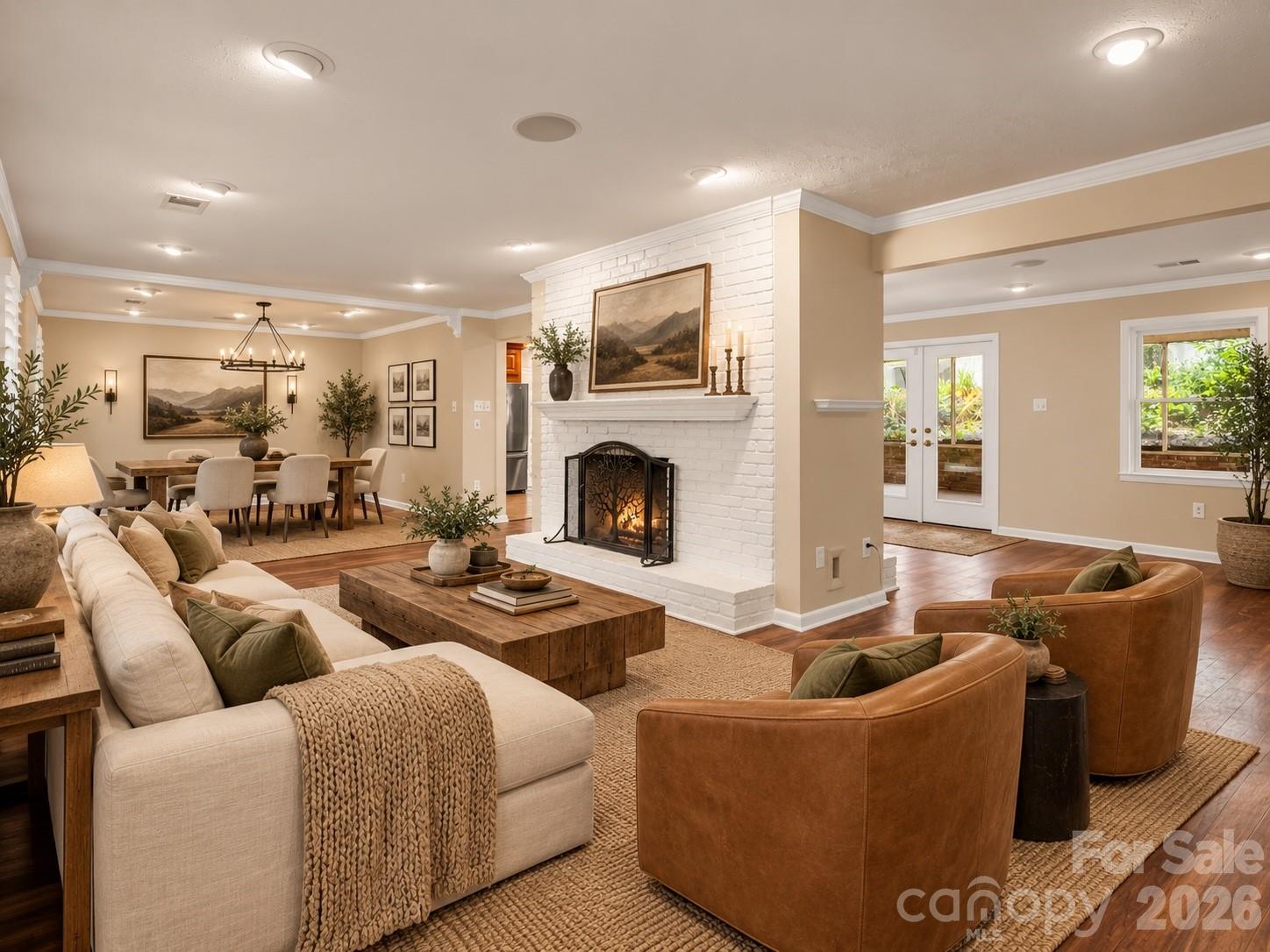 Beautiful double sided gas log fireplace seperating the living space from the dining room. AI generated virtual staging. - 111 Dogwood Drive, Black Mountain