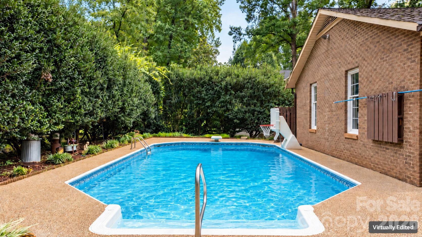 pool shown uncovered, AI generated image from owner's photos showing pool open last season - 3110 Ninth Tee Drive, Newton