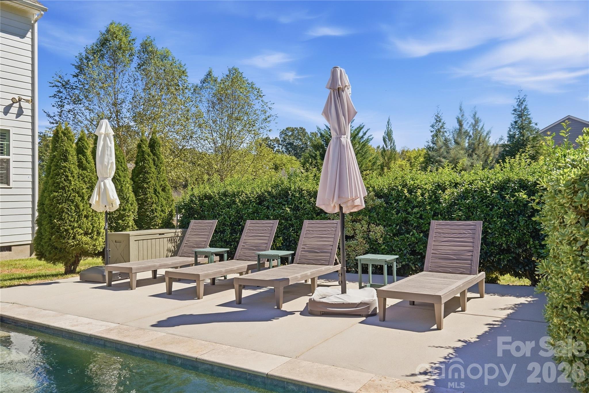 Spacious pool deck with plenty of room for lounge seating, bordered by a tall hedge for privacy. - 912 Manorwood Drive, Waxhaw
