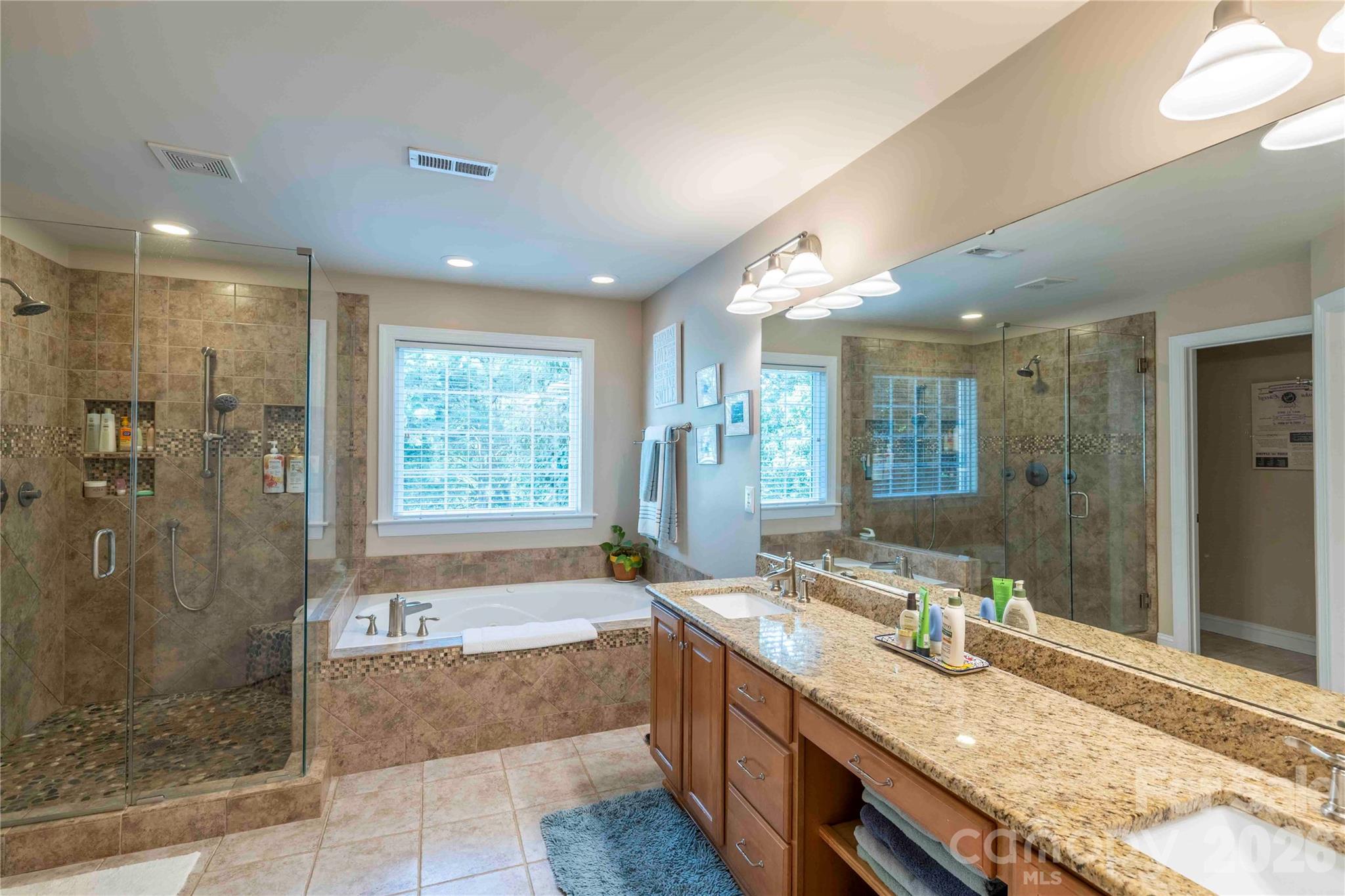 Primary bathroom with jacuzzi tub, dual vanity - 19008 Hampton Woods Court, Cornelius