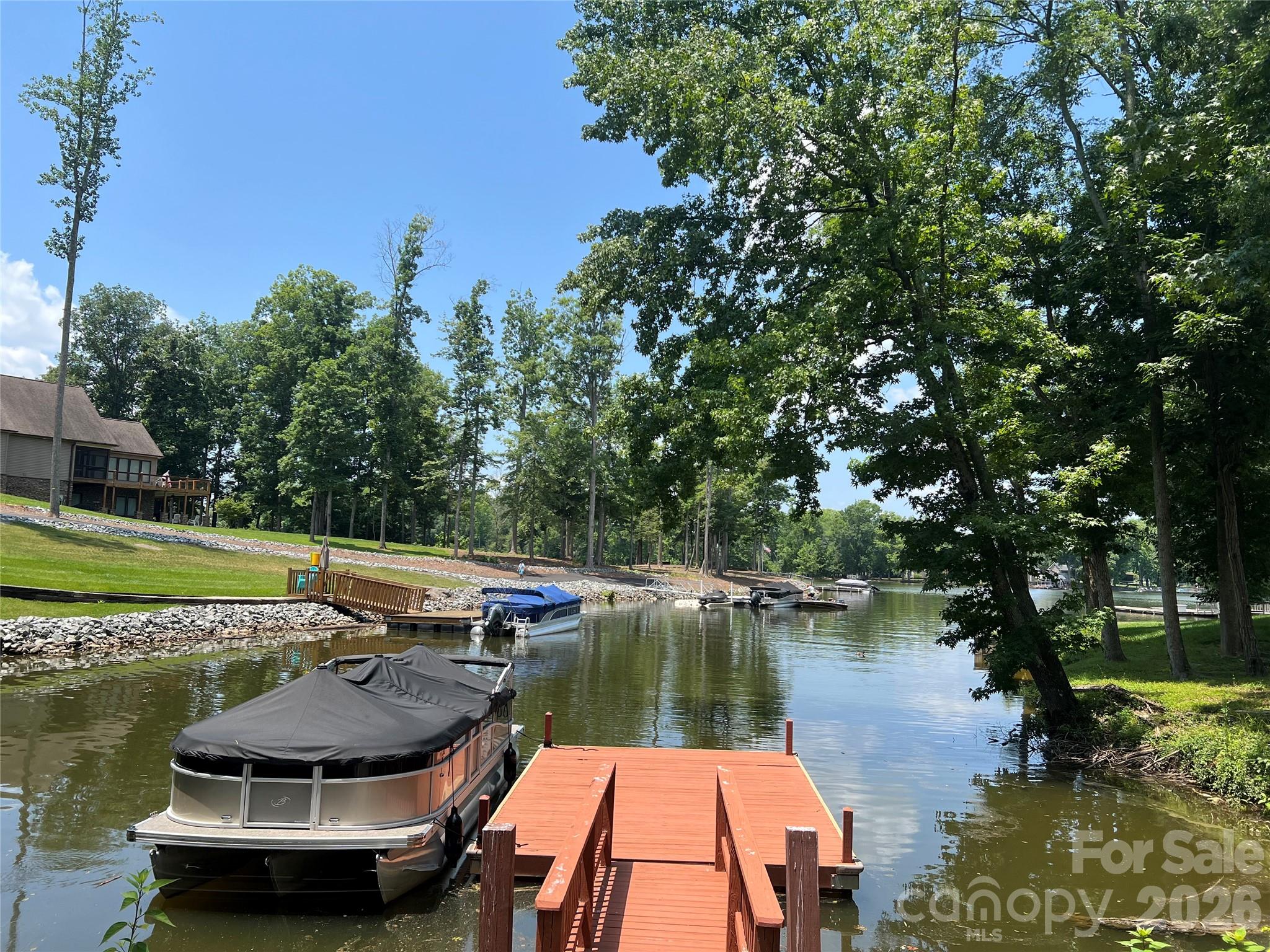 June 2025 photo of pier and pontoon before tree removal. - 710 Riverwood Drive, Lexington
