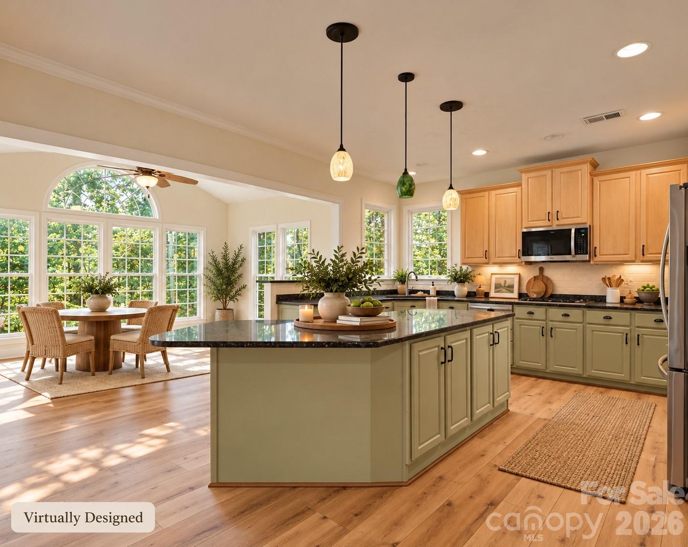 Virtually Staged Kitchen with subtle green cabinets. - 6213 Savannah Grace Lane, Huntersville