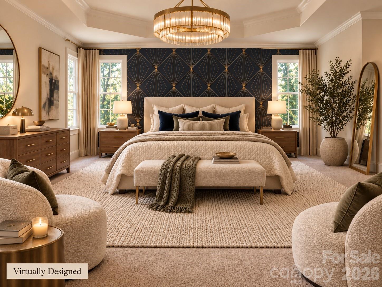 Virtually Staged Primary Bedroom using rich colors to make the room feel luxurious & cozy. - 6213 Savannah Grace Lane, Huntersville