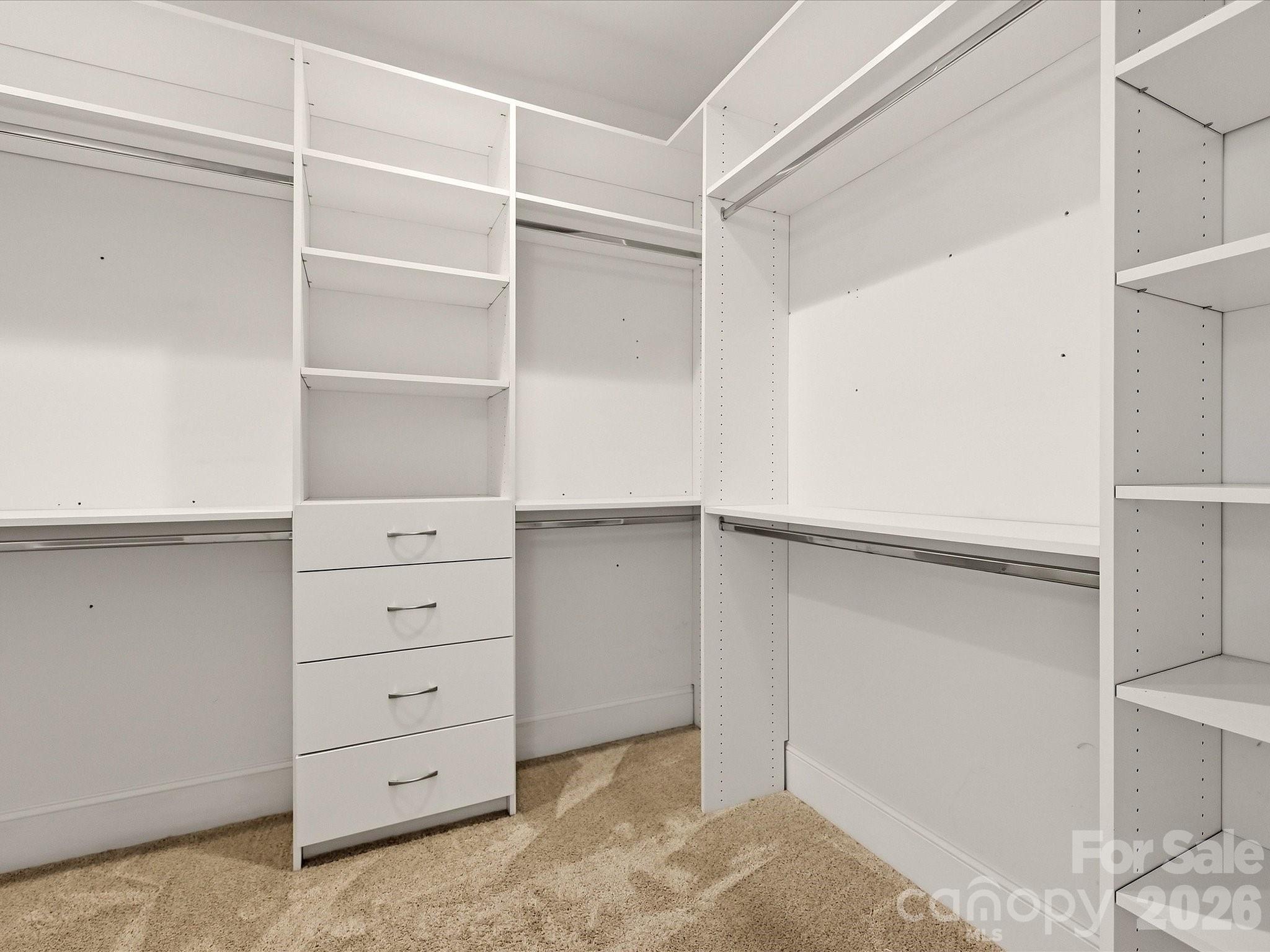 A spacious Primary walk-in closet offers custom built-in shelving, drawers, and abundant hanging space for organized everyday storage. - 3167 James Plantation Drive, Denver