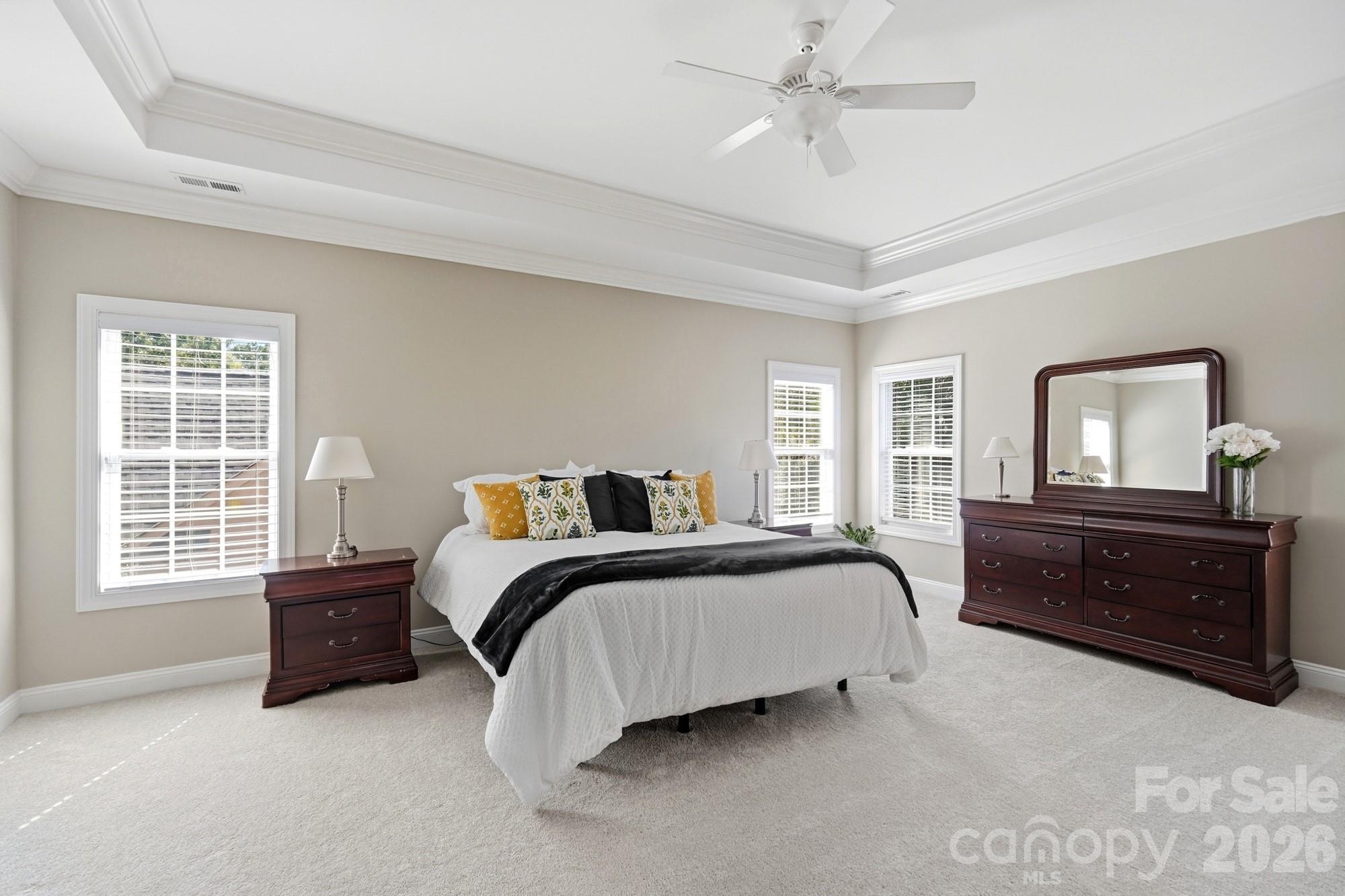 Huge Primary Bedroom features tray ceiling and en suite bathroom with large walk in closet - 8101 Prescot Glen Parkway, Waxhaw
