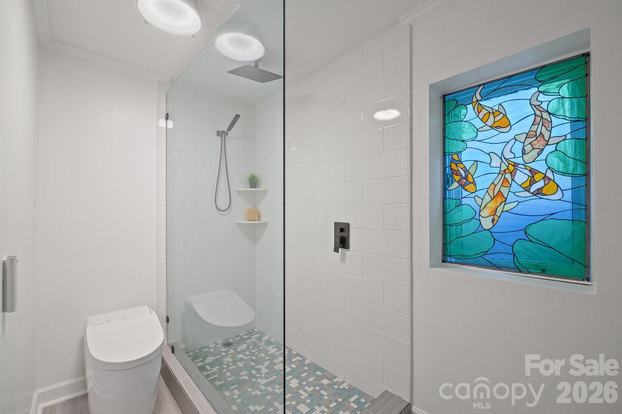 Remodeled bath in basement level with Toto toilet and glass wall and rain head shower - 20919 Island Forest Drive, Cornelius